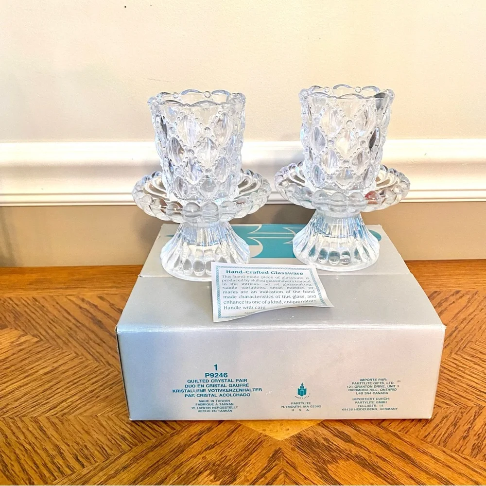 PARTY LITE LIKE NEW QUILTED CRYSTAL PAIR VOTIVE HOLDER CANDLE STICK BALL - Picture 2 of 10